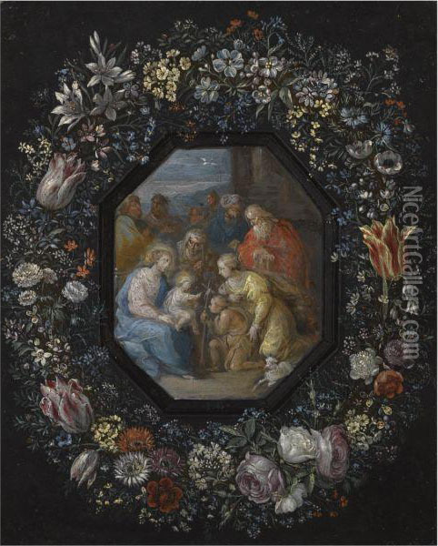 The Madonna And Child With Saint John, Saint Anne And Other Saintswithin An Ornamental Cartouche Decorated With A Flowergarland Oil Painting - Phillipe de Marlier