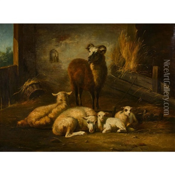 Schafe Im Stall Oil Painting - Edouard Woutermaertens