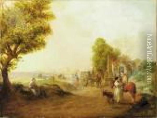 The Way To Market
Oil On Canvas Oil Painting - Snr William Shayer