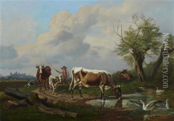 Hirte Mit Rindern Auf Dem Weg Zur Tranke Oil Painting - Johann Adam Klein