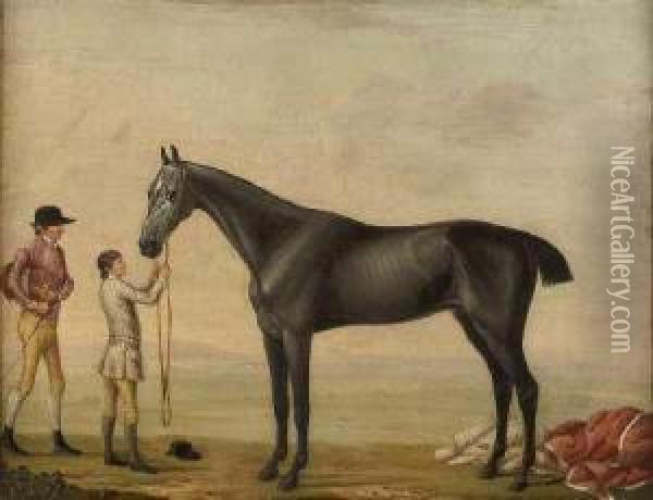 Study Of The Racehorse Chrysis With Jockey And Groom Oil Painting - William Shaw