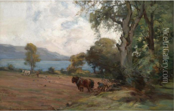 Ploughing Fields; Horses Grazing Oil Painting - Joseph Milner