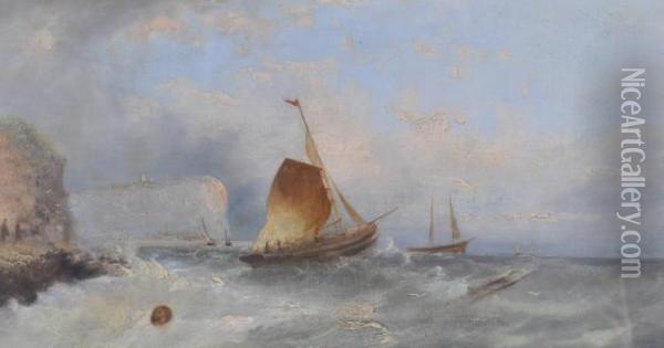 Fishing Vessels Off The Coast On Rough Seas Oil Painting - William Harry Williamson