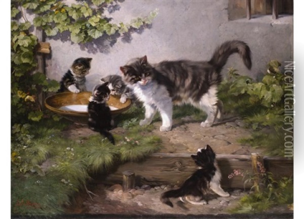 Katze Mit Ihren Jungen An Der Milchschussel Oil Painting - Julius Adam the Younger