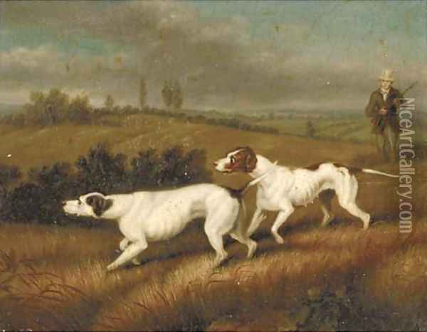 A huntsman with two gundogs; and A gundog in heather Oil Painting - Samuel Raven