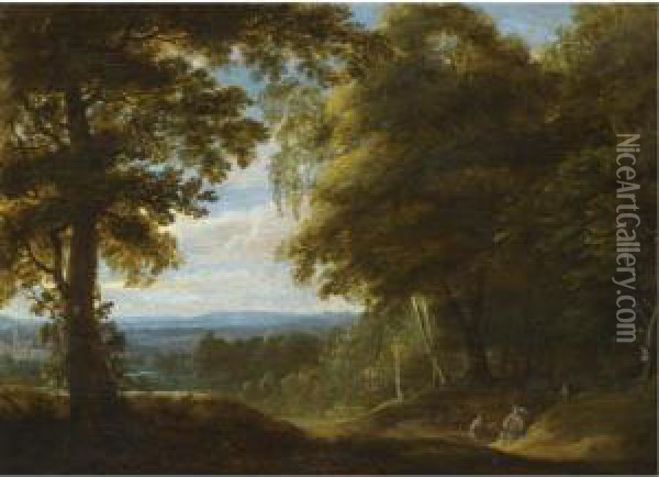 A Wooded Landscape With Two Hunters Resting Beside A Track Oil Painting - Cornelis Huysmans