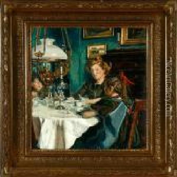 A Mother And Her Children Around The Dining Table Oil Painting - Viggo Christian Frederick Pedersen