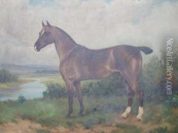 A Bay Horse In A Landscape Oil Painting - Wright Barker