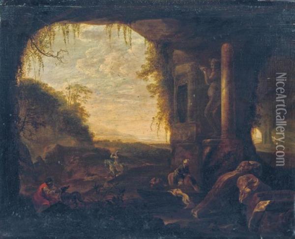 Travellers Near A Grotto By An Antique Statue Of Bacchus Oil Painting - Abraham van Cuylenborch