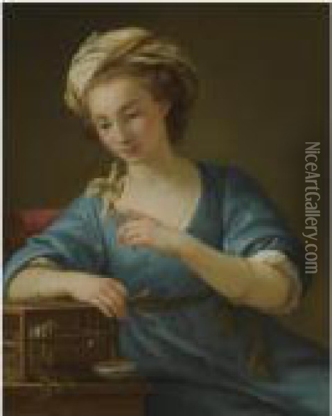 A Young Woman, Dressed A La Grecque, Holding A Canary On Heroutstretched Finger Oil Painting - Joseph-Marie Vien