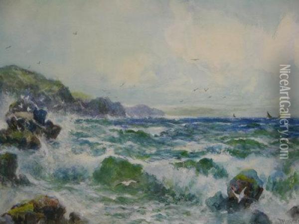 Rocky Coast With Squally Sea's And Fishing Smacks Oil Painting - J Hughes Clayton