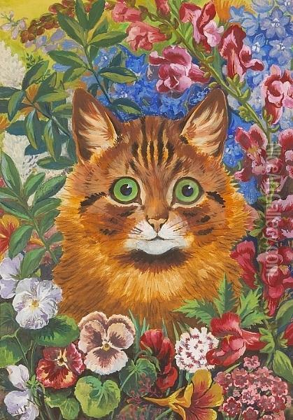 A Cat Among Flowers Oil Painting - Louis William Wain