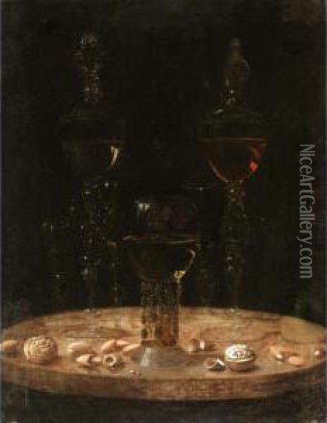 Still Life Of A Roemer With Five Wine Glasses Upon A Table Top Oil Painting - Osias, the Elder Beert
