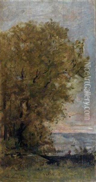 Paysage A La Barque Et Grand Arbre Oil Painting - Karl Pierre Daubigny