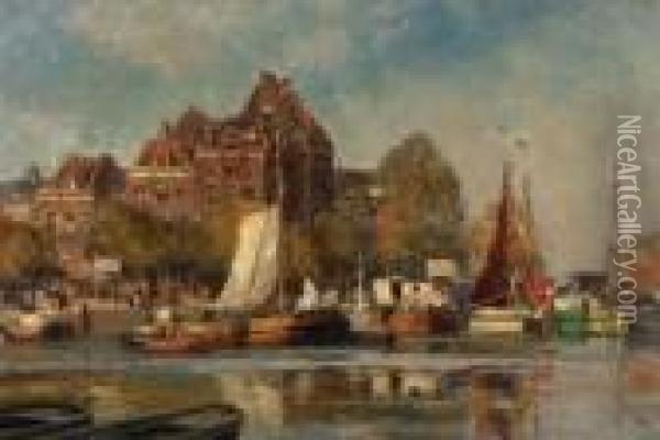 Hauserzeile An Einem Kanal In
 Niederlandischer Stadt Oil Painting - Heinrich Hermanns