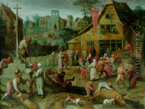 Peasants Dancing Outside A Tavern, Trinket Seller And Children In Foreground, Market On Village Square Beyond Oil Painting - Pieter Balten