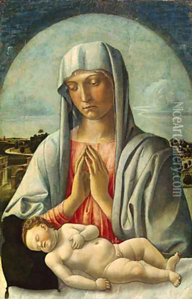 Madonna Adoring the Sleeping Child early 1460s Oil Painting - Giovanni Bellini