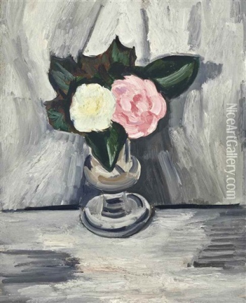 Pink And White Flowers In A Crystal Vase Oil Painting - Marsden Hartley