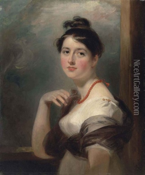 Portrait Of Mrs. John Williams, Of Gwersylt Park, Denbighshire In A White Dress With A Shawl And A Coral Necklace, At An Open Window Oil Painting - Thomas Lawrence