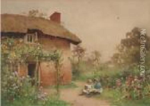 Children Playing Before A Cottage Oil Painting - Benjamin D. Sigmund