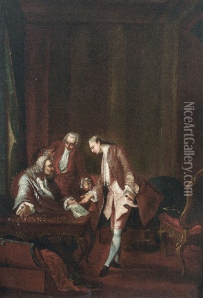 In Barockem Interieur Verhandeln Drei Herren In Hofischem Habit (+ Geheimes Treffen; Pair) Oil Painting - Pieter Jacob Horemans