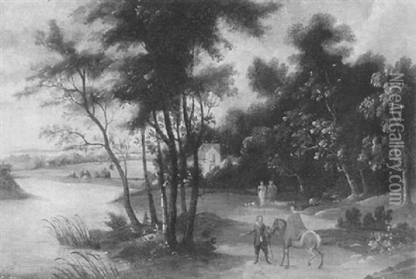 Reiter Und Landleute Vor Wald In Einer Fluslandschaft, Zwischen Den Baumen Ein Haus Oil Painting - Jacques d' Arthois