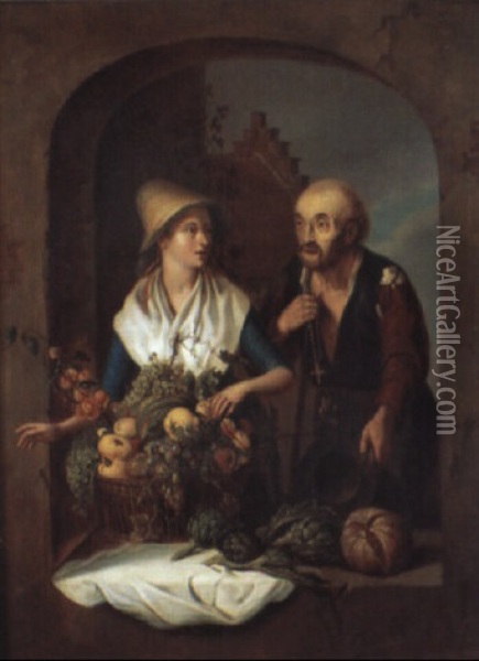 Kvinna Med Fruktkorg Uppvaktas Av Tiggande Man Oil Painting - Willem van Mieris