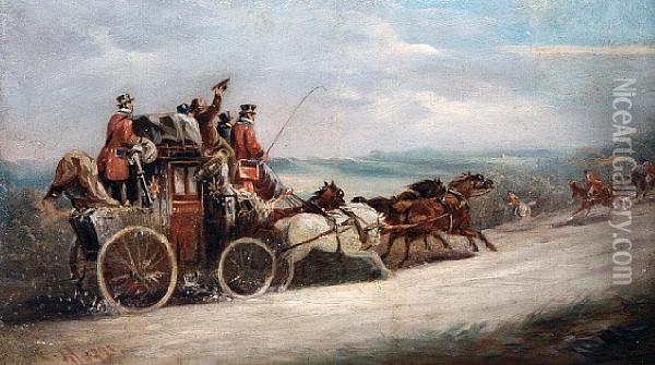A Coach And Four With A Hunt Passing Beforethem Oil Painting - John Charles Maggs