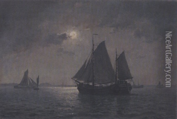 Auslaufende Fischerboote Vor Einer Kuste Im Mondschein Oil Painting - Christian Benjamin Olsen