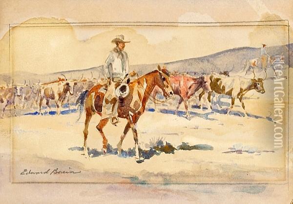 Herding The Longhorns Oil Painting - John Edward Borein