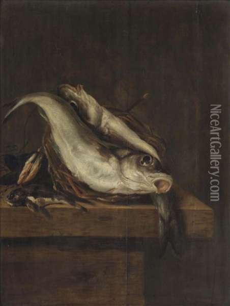 A Haddock, A Gurnard And Mussels In A Twig Basket On A Wooden Ledge Oil Painting - Jan Vonck
