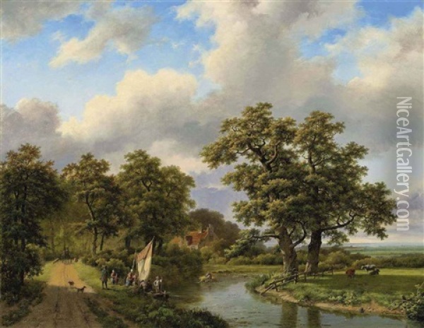 Wooded Landscape With Figures And Cattle By A River Oil Painting - Marinus Adrianus Koekkoek