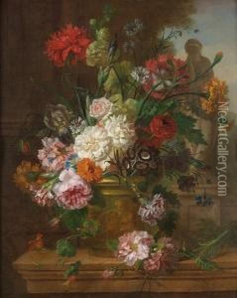 Chrysanthemums, Carnations, 
Roses, Morning Glory And Other Flowers In A Stone Urn On A Stone Ledge, A
 Classical Statue Beyond Oil Painting - Willem van Leen