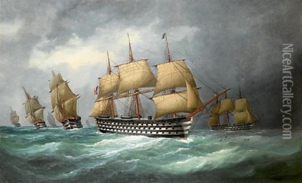 The First French Steam Battlefleet In Formation At Sea Oil Painting - Edouard Adam