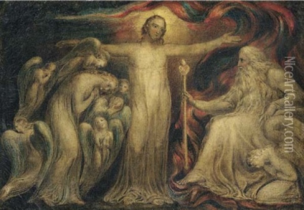 Christ The Mediator: Christ Pleading Before The Father For St. Mary Magdalene Oil Painting - William Blake
