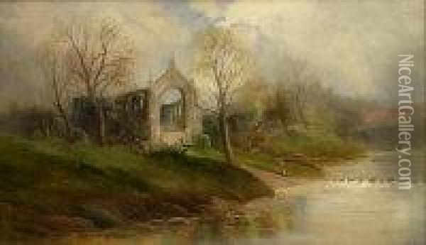 Ruined Abbey By The River Oil Painting - Walter Meegan