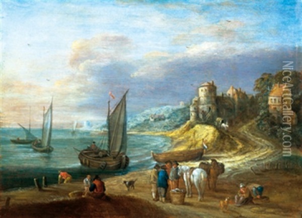 Kustenlandschaft Mit Einem Kastell Und Fischverkaufern Oil Painting - Joseph van Bredael