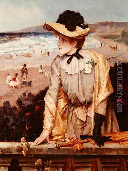 Young Woman at the Beach, or The Parisienne by the Sea Oil Painting - Alfred-Emile-Leopole Stevens