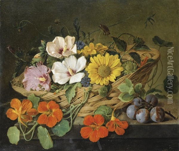Panier De Fleurs Et Branche De Prunes Oil Painting - Emmanuel Fries