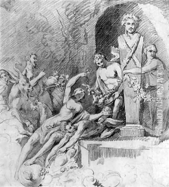 Satyrs and bacchants making an offering to an herm near a grotto (recto and verso) Oil Painting - Louis Masreliez