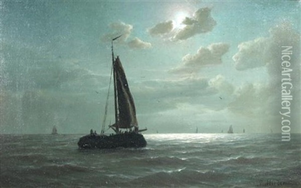 Sailing Ships At Night Oil Painting - Rein Miedema
