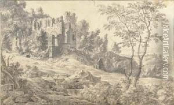 A Ruined Church In A Wooded Landscape Oil Painting - Jan Van De Capelle