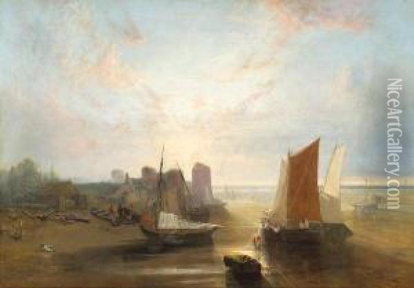 A Coastal Scene With Figures By Beached Fishing Boats In The Foreground Oil Painting - John Wright Oakes