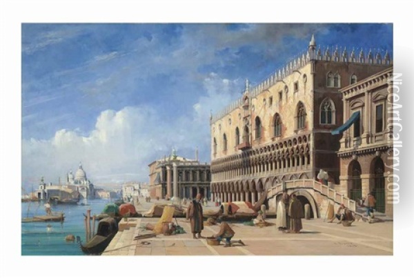 The Riva Degli Schiavoni With The Doge's Palace, The Piazzetta And Santa Maria Della Salute, Venice Oil Painting - Jules-Romain Joyant