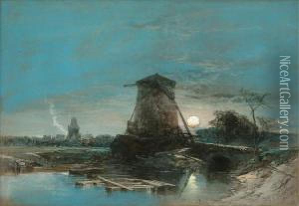 Moonlit Dutch Landscape Oil Painting - Thomas Leeson Rowbotham