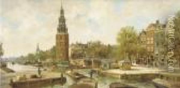 View On The Montelbaanstoren, Amsterdam Oil Painting - Johan Gerard Smits
