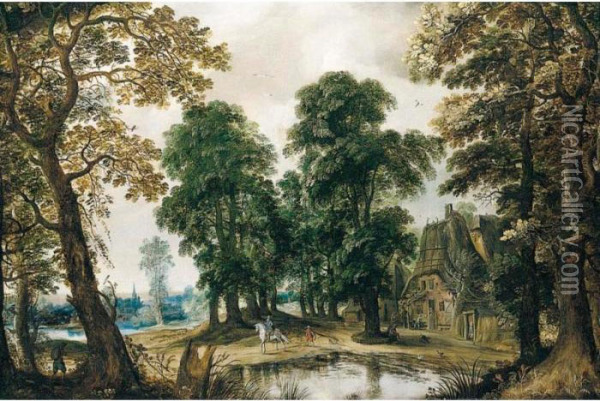 Wooded Landscape With Figures Passing Through A Village Oil Painting - Adriaan van Stalbemt