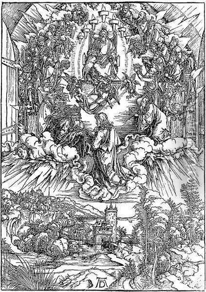 St.John in Clouds, Surrounded by 24 Elders around the Throne of God Oil Painting - Albrecht Durer