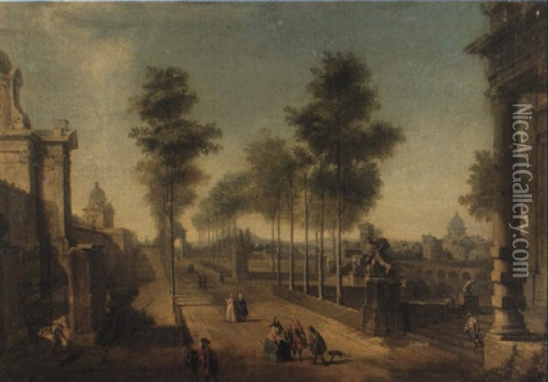Capriccio Of An Avenue On The Outskirts Of A Town With Elegant Couples Oil Painting - Francesco Battaglioli