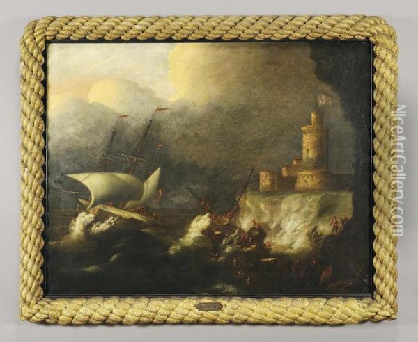 Mare In Tempesta Davanti Ad Una Fortificazione Genovese Oil Painting - Pieter the Younger Mulier